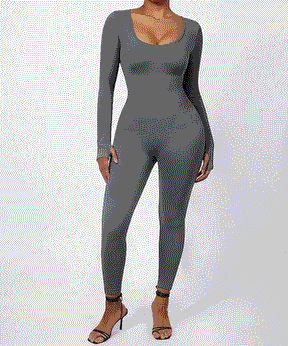 Solid Color Ribbed Long Sleeve Seamless Jumpsuit