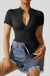 Ribbed Stretch Short Sleeves Zip Front Bodysuits