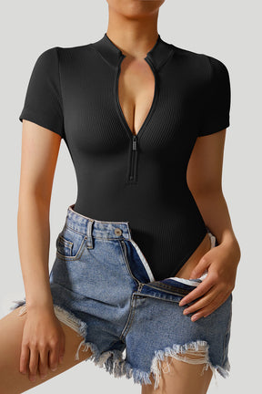 Ribbed Stretch Short Sleeves Zip Front Bodysuits