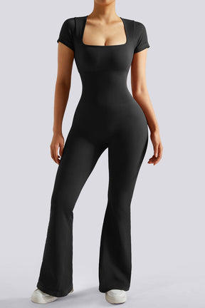 Short Sleeves Tummy Control Flared Jumpsuit