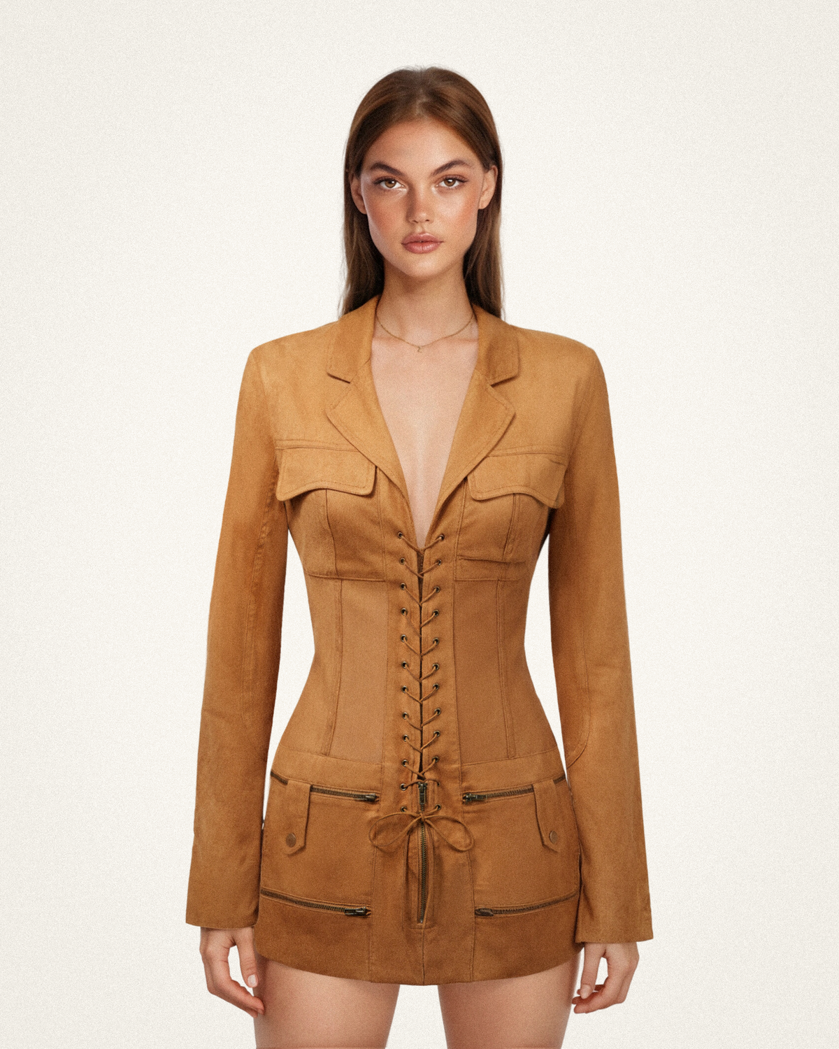 Robe courte avec veste corset en suédine - Camel