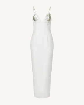 Robe longue blanche Ayliua avec décolleté en cœur orné de strass - Blanc