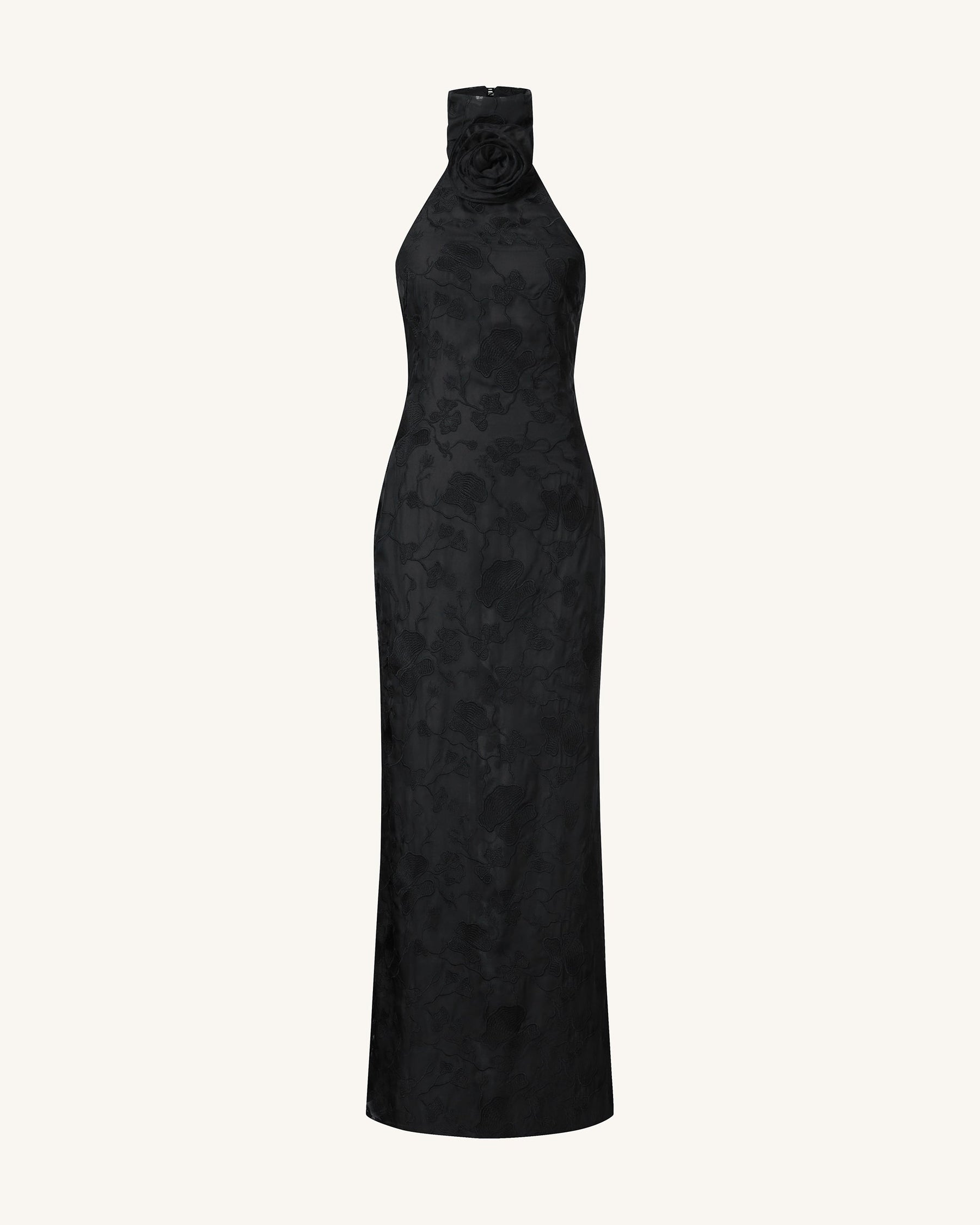 Robe longue noire à col halter en dentelle florale Uliana - Noir