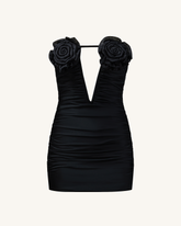 Robe Mini Bailee Noire à Appliques Florales et Froncée - Noir