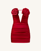 Robe mini Bailee à appliques florales rouges et bustier froncé - Rouge