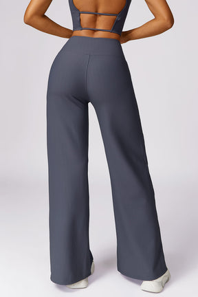 Micro Ribbed Solid Color Wide Leg Pant