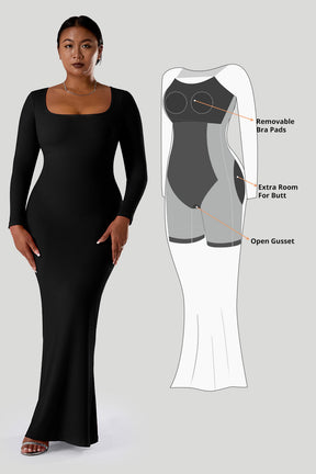 Solid Long Sleeve Dress With Built in Shapewear