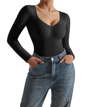 Ribbed Solid Color Long Sleeve Seamless Bodysuit