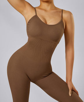 Ribbed Tummy Control Solid Color Spaghetti Strap Seamless Jumpsuit