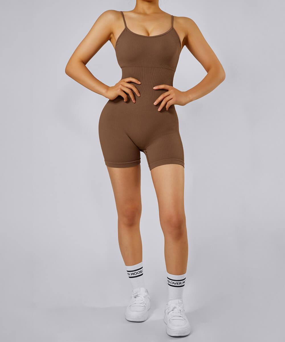 Ribbed Tummy Control Solid Color Spaghetti Strap Seamless Romper