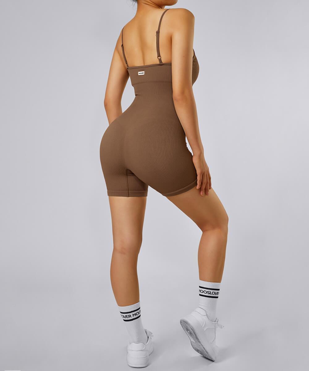 Ribbed Tummy Control Solid Color Spaghetti Strap Seamless Romper