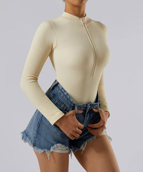 Ribbed Zipper Long Sleeves Bodysuit