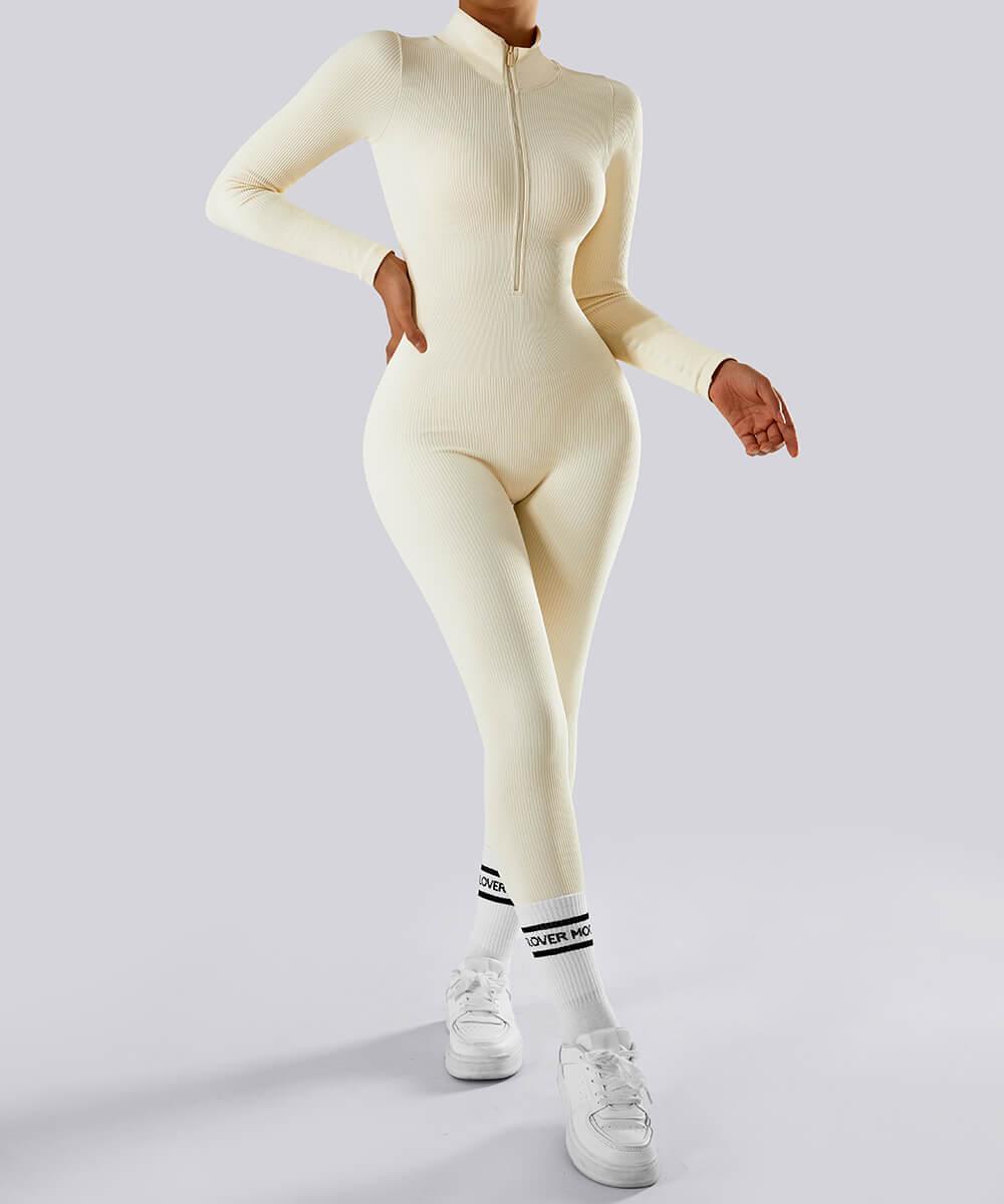 Ribbed Zipper Long Sleeves Jumpsuit