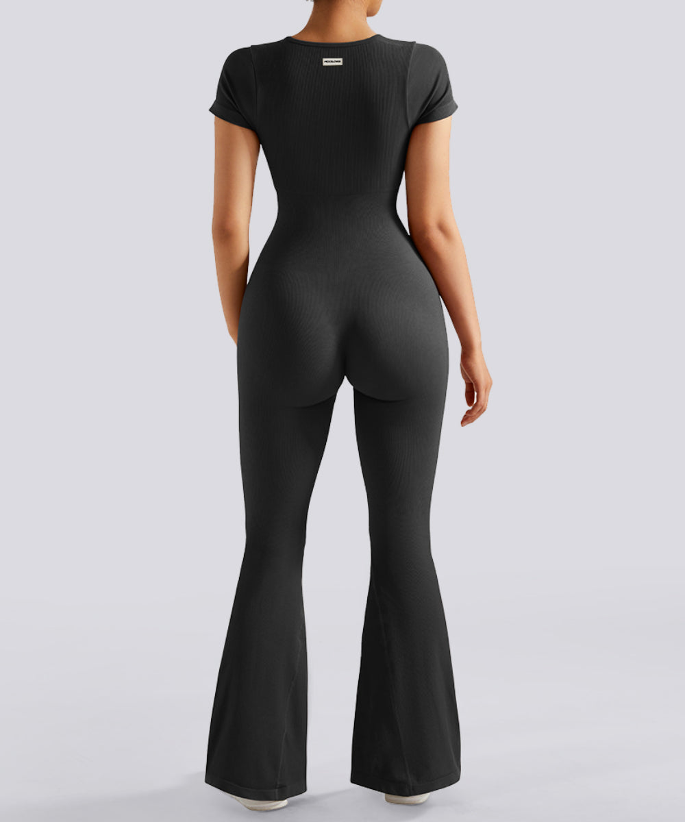 Short Sleeves Tummy Control Flared Jumpsuit