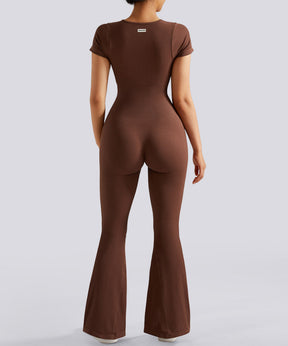 Short Sleeves Tummy Control Flared Jumpsuit