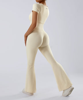 Short Sleeves Tummy Control Flared Jumpsuit