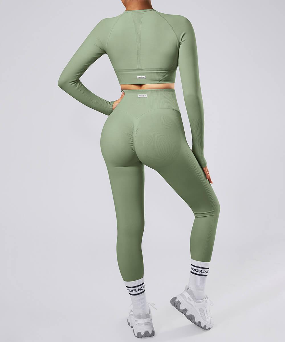 Solid Color Long sleeves 3Pcs Seamless Butt Lift Legging Set