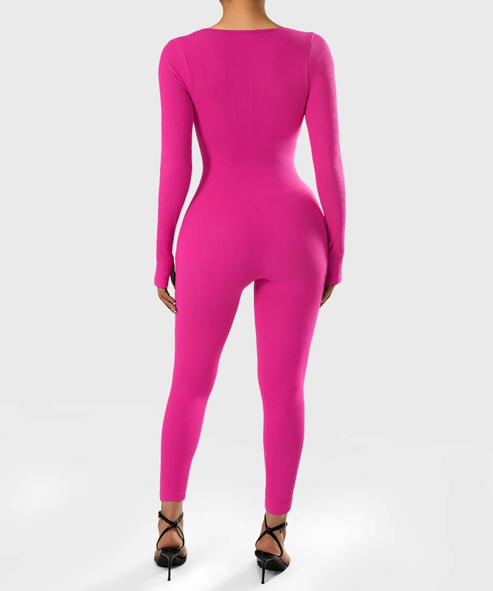 Solid Color Ribbed Long Sleeve Seamless Jumpsuit