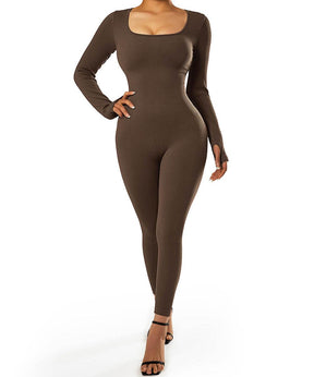 Solid Color Ribbed Long Sleeve Seamless Jumpsuit