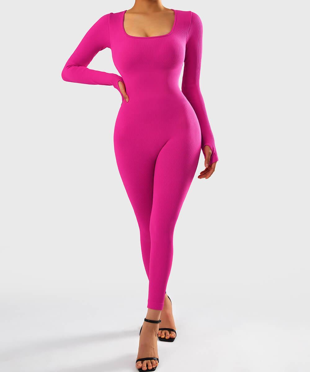 Solid Color Ribbed Long Sleeve Seamless Jumpsuit