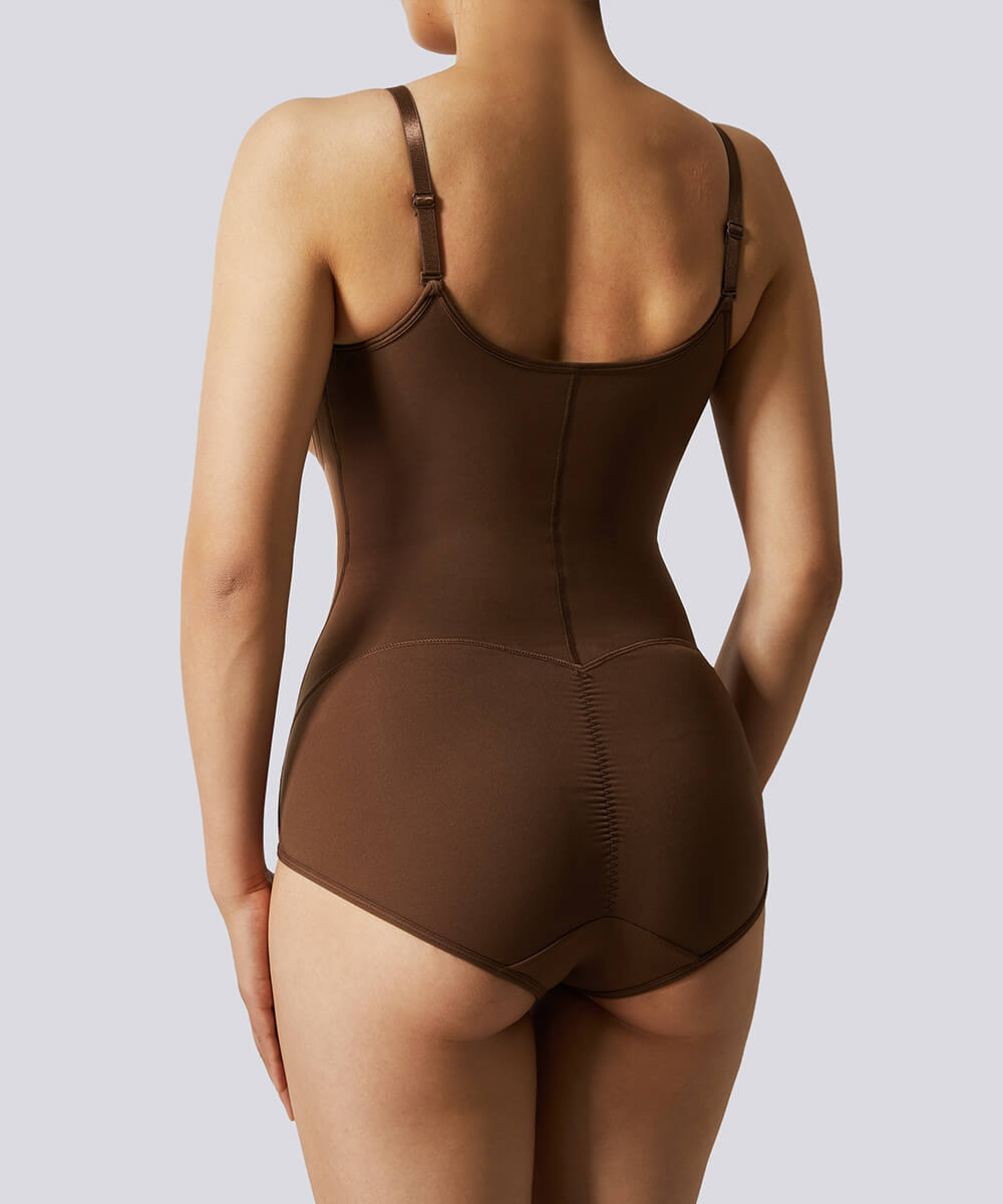 Solid Color Zipper Seamed Shapewear Bodysuit