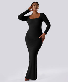 Solid Long Sleeve Dress With Built in Shapewear