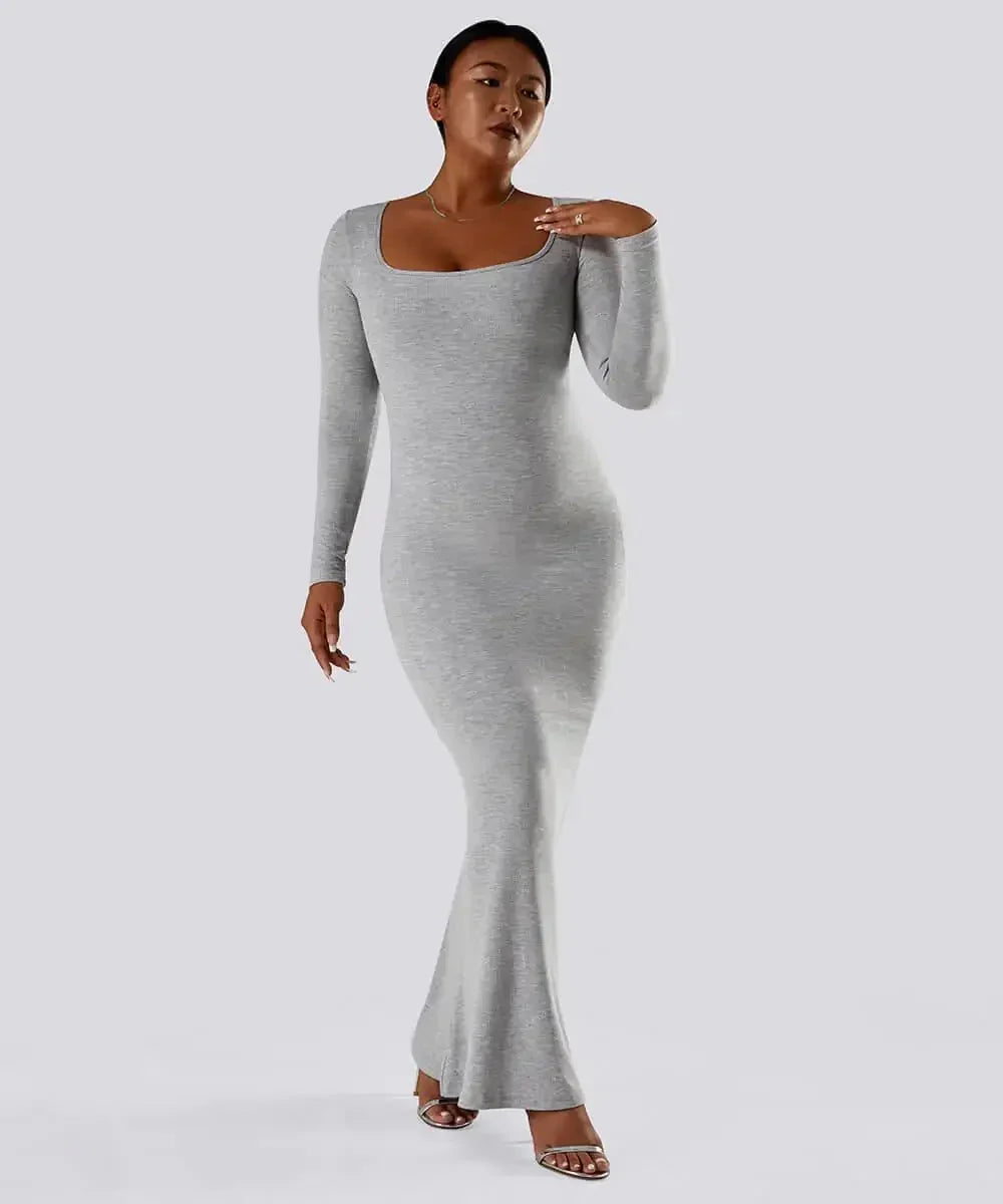 Solid Long Sleeve Dress With Built in Shapewear