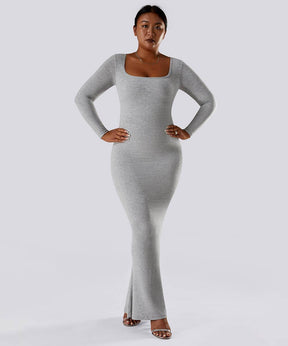 Solid Long Sleeve Dress With Built in Shapewear