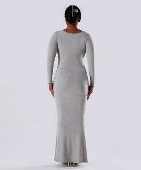 Solid Long Sleeve Dress With Built in Shapewear