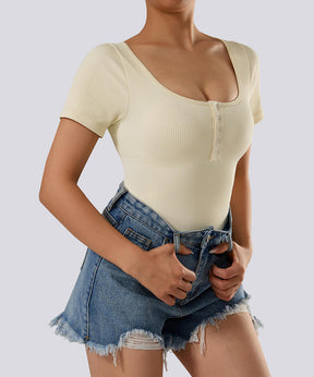 Thread Press Button Tummy Control Short Sleeves Bodysuit