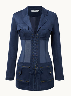 Robe courte avec veste corset en suédine - Bleu foncé